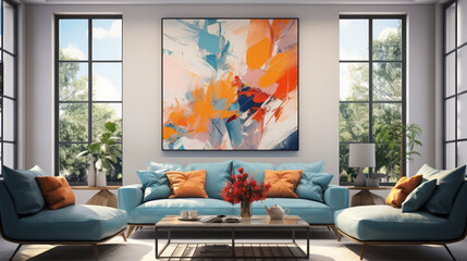 Modern bright living room interiors with art wallpaper.
