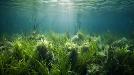 Fototapeta na wymiar Sunlight through underwater view and seabed with green seagrass.