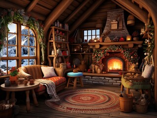 Fototapeta na wymiar Cozy rustic winter cabin interior 3d illustration, Generative AI