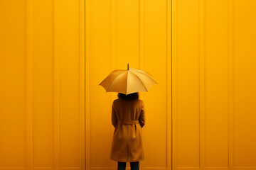 Women's background holds an umbrella in the yellow world.