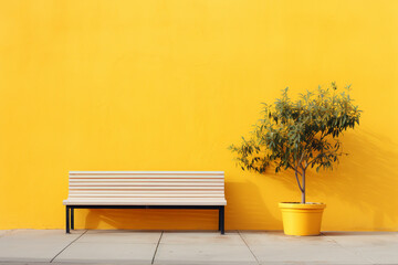 Yellow background, smooth wall with chairs and flower pots - obrazy, fototapety, plakaty