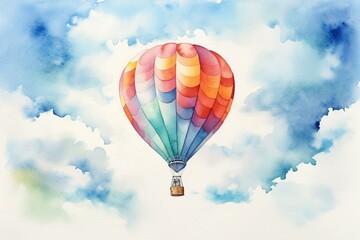 Fototapeta na wymiar Watercolor painting of a colorful hot air balloon. Generative AI