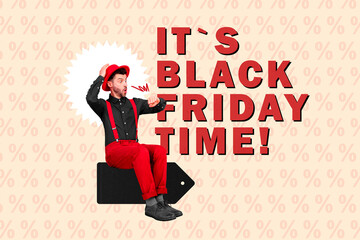 Creative collage of surprised funny young man shock reaction alert looking his apple watches black friday isolated on percent background