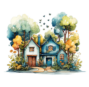 Watercolor colorful house with tree, cozy home illustration. Generative AI, png image