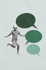 Vertical collage illustration of funky young guy wear summer stylish outfit running answer dialogue...