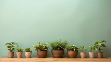Wooden table with potted plants and green wall background. Wooden table green background as product mockup.