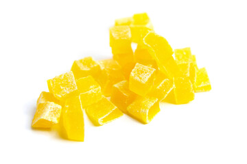 Diced mango dried fruits isolated on white background. Dehydrated mango chips dices