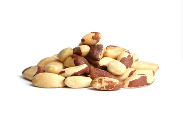 Brazil nuts isolated on white background. Brazil nut heap, a source of selenium
