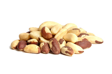 Brazil nuts isolated on white background. Wholesome Brazil nuts in a heap.