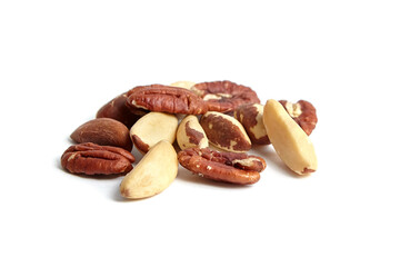 Brazil nuts and peeled pecans mix isolated on white background. Nutty goodness