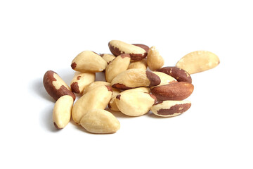 Brazil nuts isolated on white background. Nutty pile of peeled Brazil nuts