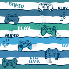 Abstract seamless pattern with  gamepads on linear repeat bakground. Game pad repeat print for tenagers textile, sport clothes, wrapping paper. © Kseniia Koval