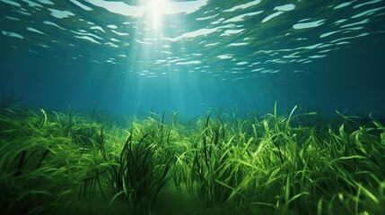 Fototapeta na wymiar Sunlight through underwater view and seabed with green seagrass.