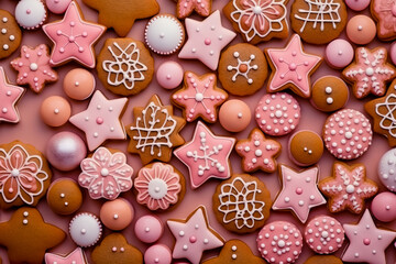 Gingerbread cookies for a children's party in the form of sweets and candies with copy space. Generative AI - obrazy, fototapety, plakaty