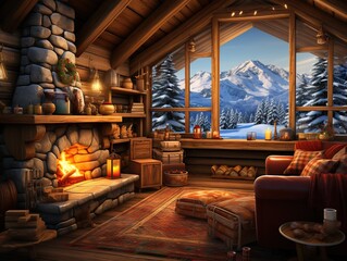 Cozy rustic winter cabin interior 3d illustration, Generative AI