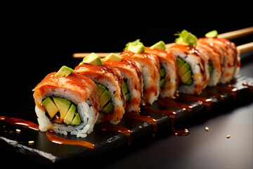 sushi rolls on a black background, close-up, horizontal