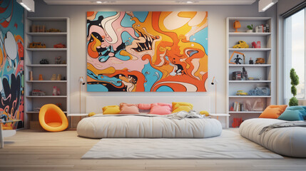 Modern bright bedroom interiors with art wallpaper.
