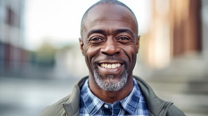 Obraz premium Senior African man smiling at the camera outdoors. Close-up portrait of a smiling handsome african american man in the city. Middle aged man looking at a camera in a city. AI Generated