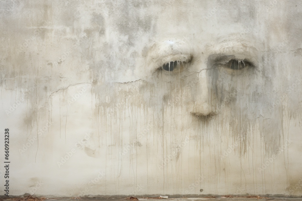 Poster A face painted on a wall with dripping water, AI