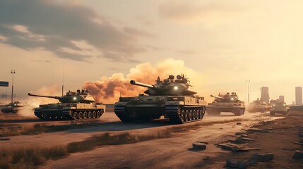 Tanks with tankers turn around and go to the training