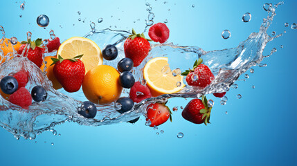 Fresh berries and fruits falling into water with splash on blue background