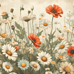 Vintage floral background with wildflowers and poppies.