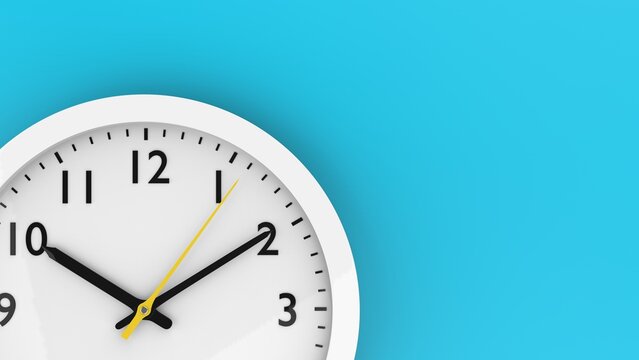 Part of white wall clock with yellow second hand hanging on wall. turquiose blue background.