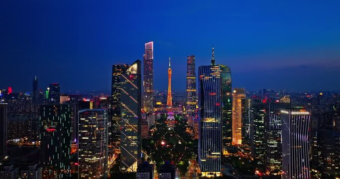 Aerial view of Guangzhou city skyline and skyscrapers scenery at night, Guangdong Province, China. modern urban commercial building in Guangzhou. famous city landmark.
