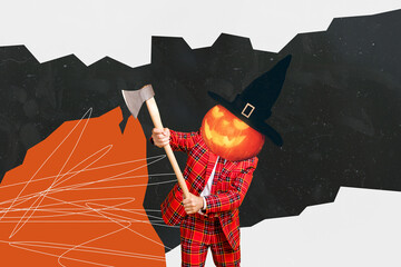 Collage 3d pinup pop retro sketch image of pumpkin head lumberjack rising axe isolated painting background