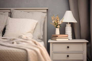 Bedside table with drawers in a light-toned bedroom