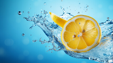 Fresh lemons falling into water with splash on blue background