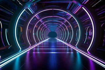 Futuristic glowing tunnel with purple and blue circles, glossy floor, and virtual laser trails in a modern sci-fi warehouse. Generative AI