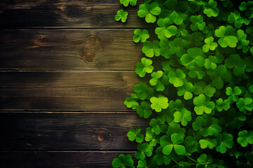 St. Patricks day, clover leaf on green wooden background. Generative AI