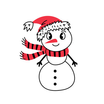 Cute Snowman doodle. Modern snowman character in a scarf and in a Santa hat. Vector illustration. Winter and Christmas holiday concept design.