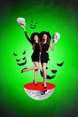 Vertical creative collage image of two friends attractive young witches hold head skull stand half...