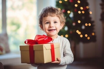 Fototapeta na wymiar Photo of a Happy little smiling girl with christmas gift box