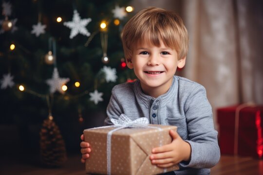 Photo of a Happy little smiling girl with christmas gift box