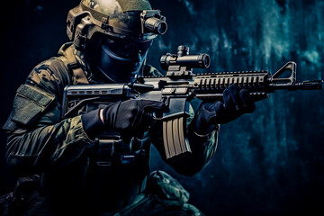 Fototapeta na wymiar The elite unit, special forces soldier in camouflage uniform holding an assault rifle with a laser sight and aims at the target. studio photo against a dark textured wall. Generative AI