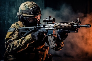 The elite unit, special forces soldier in camouflage uniform holding an assault rifle with a laser sight and aims at the target. studio photo against a dark textured wall. Generative AI - obrazy, fototapety, plakaty