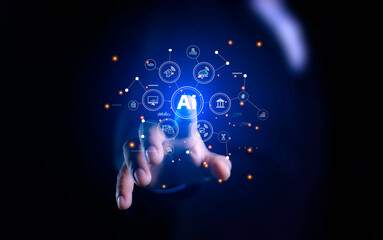Ai technology, man holding AI icon global networks. Artificial Intelligence technology. AI technology Machine learning data analysis and data management, Futuristic technology transformation.