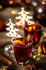 Two glasses of hot red mulled wine, vertical image. top view. place for text