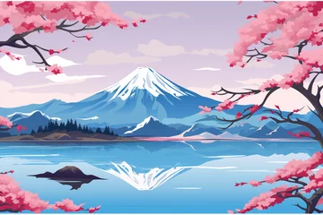 Deurstickers Purper 日本の自然をイメージした風景イラスト