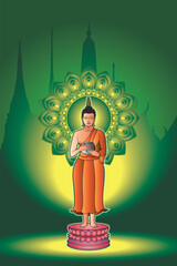 Buddha standing holding an alms bowl. Green background by color of the day Wednesday Buddha.