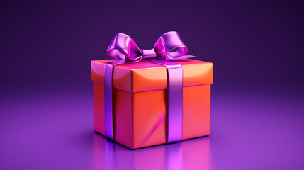 Obraz premium 3d Holographic Gift Box on Glowing Background. Present with Bow in Neon Colours. Mock-up Poster, Christmas Birthday New Year Winning Gift Box, 3D Render.