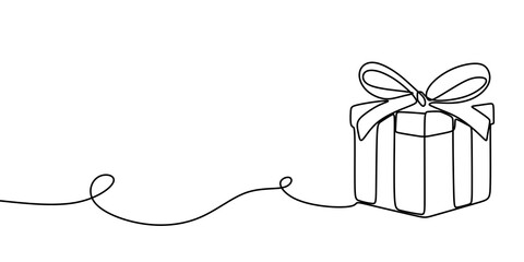 Out line drawing of gift box. Gift box line art outline vector illustration. Merry Christmas decoration. Wavy one line with gift box.
