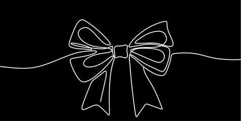 One line ribbon bow gift. Minimalist single line art. Bow isolated on black background.