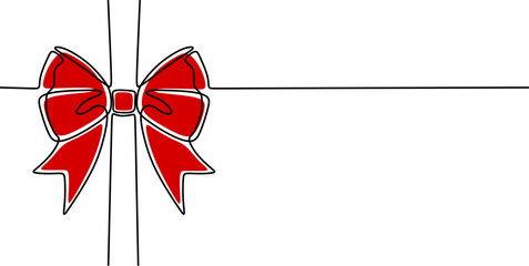 One line red ribbon bow gift. Minimalist single line art. Bow isolated on white background. - obrazy, fototapety, plakaty