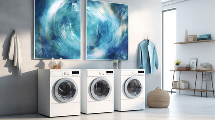 Modern bright washing room interiors with art wallpaper.