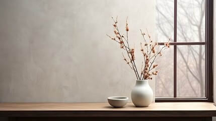 Empty marble table and vase with dry flowers on windowsill background, vase with flowers on the table,  - obrazy, fototapety, plakaty