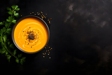 Warm pumpkin soup on a black background, seasonal food